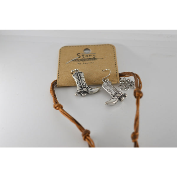 Antique Effect Silver Cowboy Boots Necklace With Matching Earrings - Jewellery
