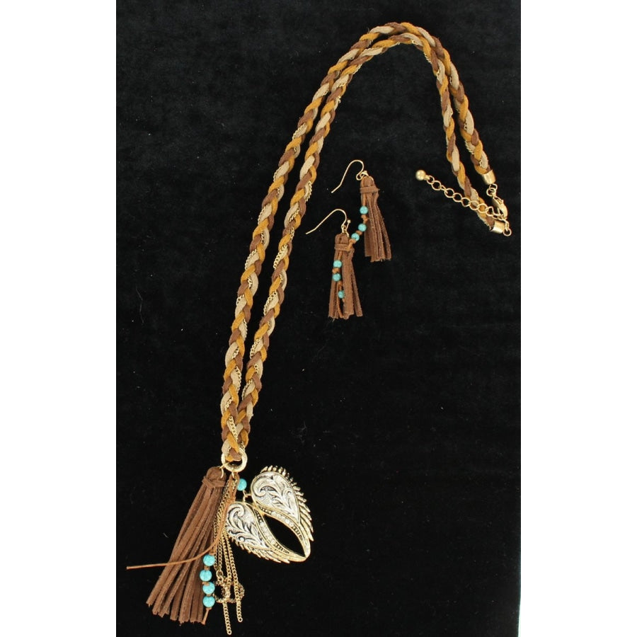 Blazin Roxx Braided Necklace With Wings & Fringe Earrings Jewellery Set - Accessories