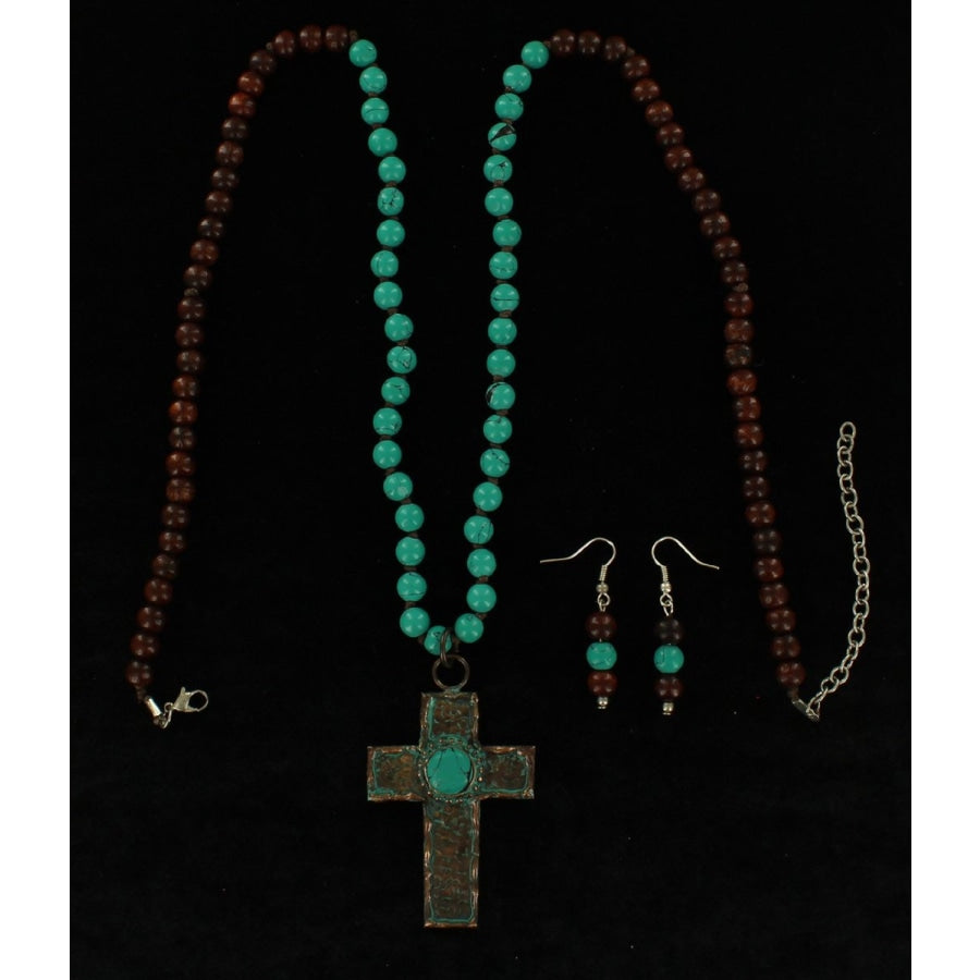 Blazin Roxx Ladies Jewellery Necklace Set Beaded Patina Cross Brown Turquoise - Accessories