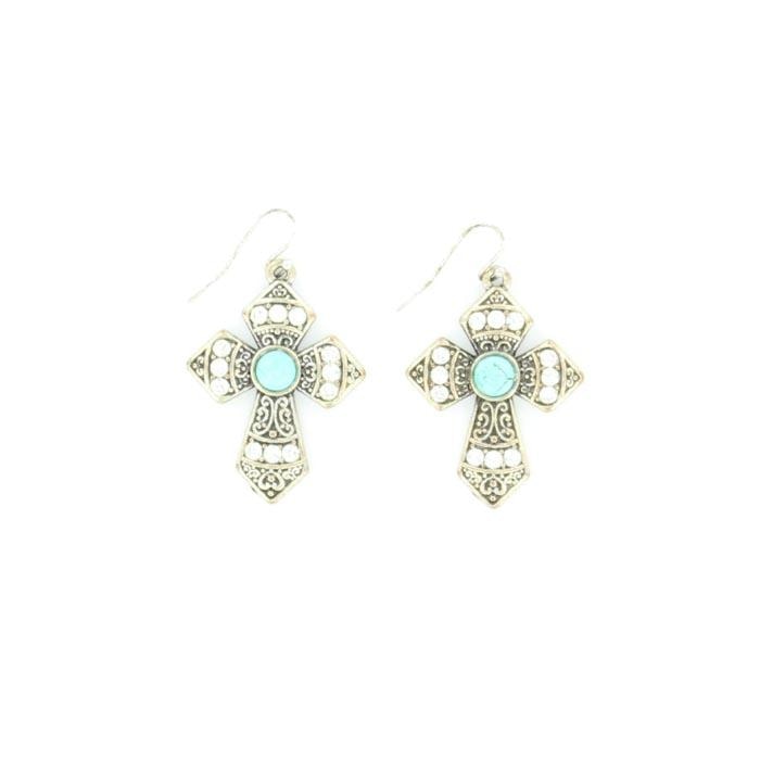 Blazin Roxx Silver And Turquoise Cross Earrings - Accessories