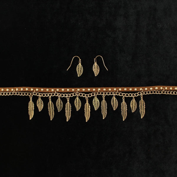 Blazin Roxx Womens Jewellery Necklace Choker Set Feathers Studs Brown - Accessories