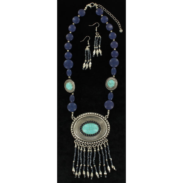 Blazin Roxx Womens Jewellery Necklace Earrings Oval Fringe Silver - Accessories
