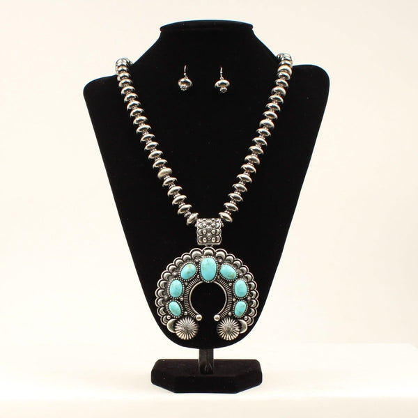 Blazin Roxx Womens Necklace Set Large Squash Blossom Pearl Silver Turquoise - Accessories
