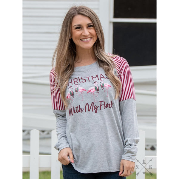 Christmas With My Flock On Grey Longsleeve With Candy Cane Accents - Womens Tops