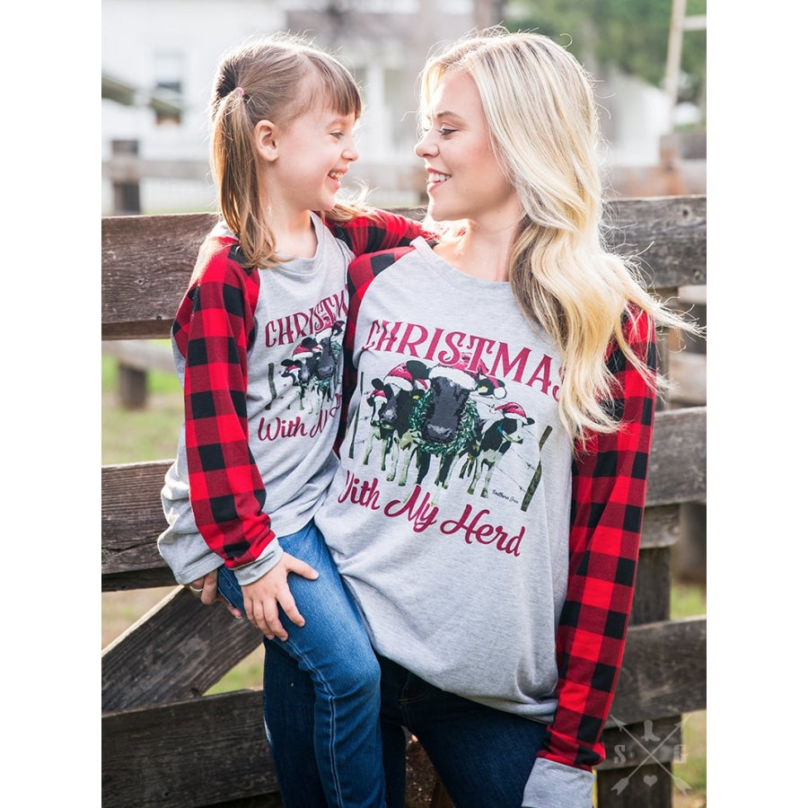 Christmas With My Herd On Grey Long Sleeve With Buffalo Plaid Sleeves - Womens Tops