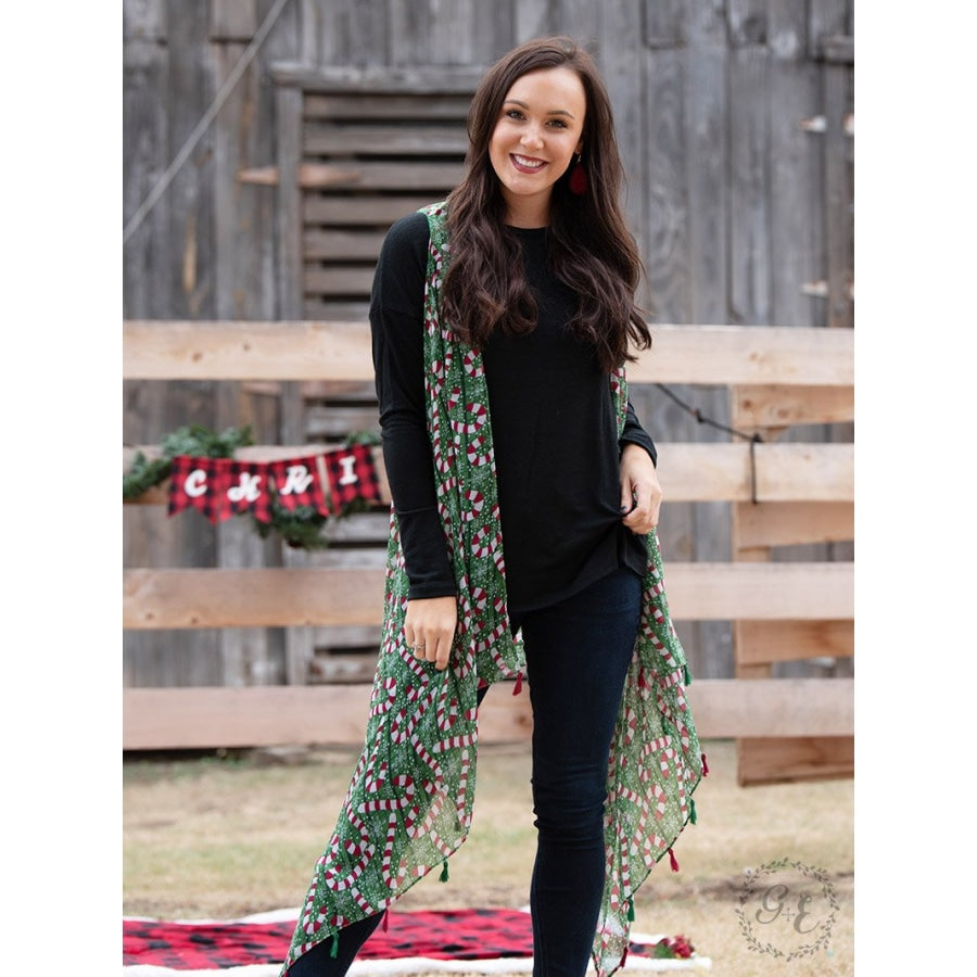 Crazy Candy Cane Cover Up With Red Tassels - Womens Tops