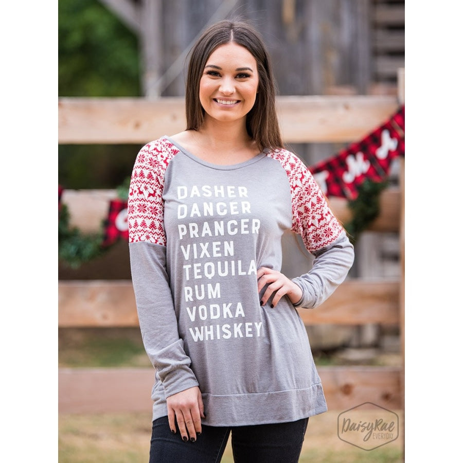 Dasher...tequila On Grey Long Sleeve With Red Winter Print Sleeve Inset - Womens Tops