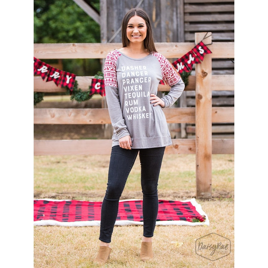 Dasher...tequila On Grey Long Sleeve With Red Winter Print Sleeve Inset - Womens Tops