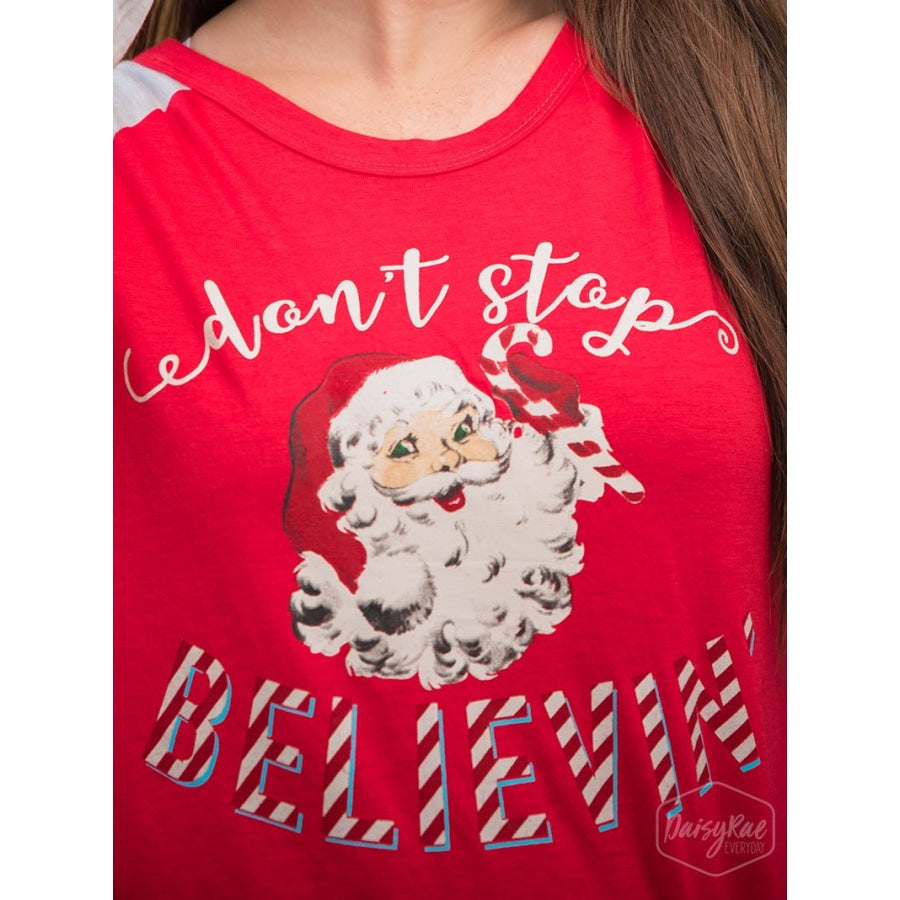 Dont Stop Believin Jolly Santa On Red & Grey Varsity Style Longsleeve - Womens Tops