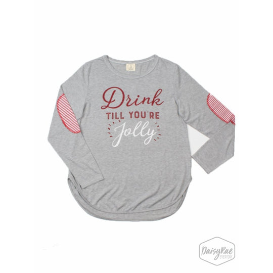Drink Till Youre Jolly Long Sleeve Tee With Striped Elbow Patches - Womens Tops