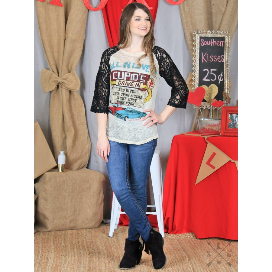 Fall In Love At Cupids Drive-In On Burnout Raglan - Womens Tops