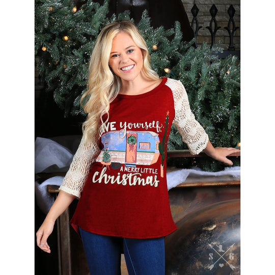 Have Yourself A Merry Little Christmas On Maroon With Cream Lace Sleeves - Womens Tops