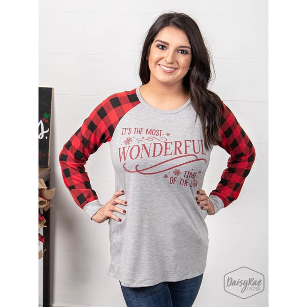 Its The Most Wonderful Time Of The Year On Casual Grey Sweatshirt With Buffalo Plaid Sleeves - Womens Tops