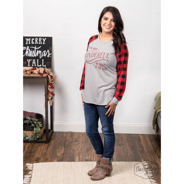 Its The Most Wonderful Time Of The Year On Casual Grey Sweatshirt With Buffalo Plaid Sleeves - Womens Tops