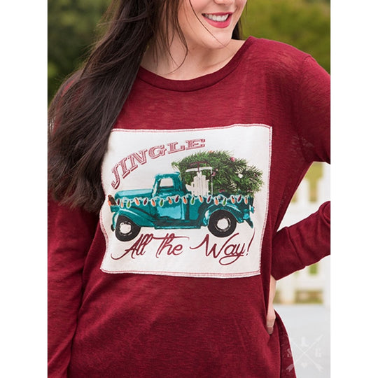 Jingle All The Way Maroon Long Sleeve - Womens Tops