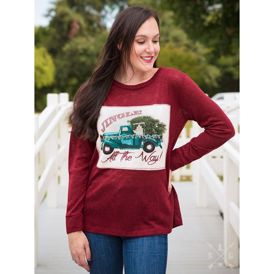 Jingle All The Way Maroon Long Sleeve - Womens Tops