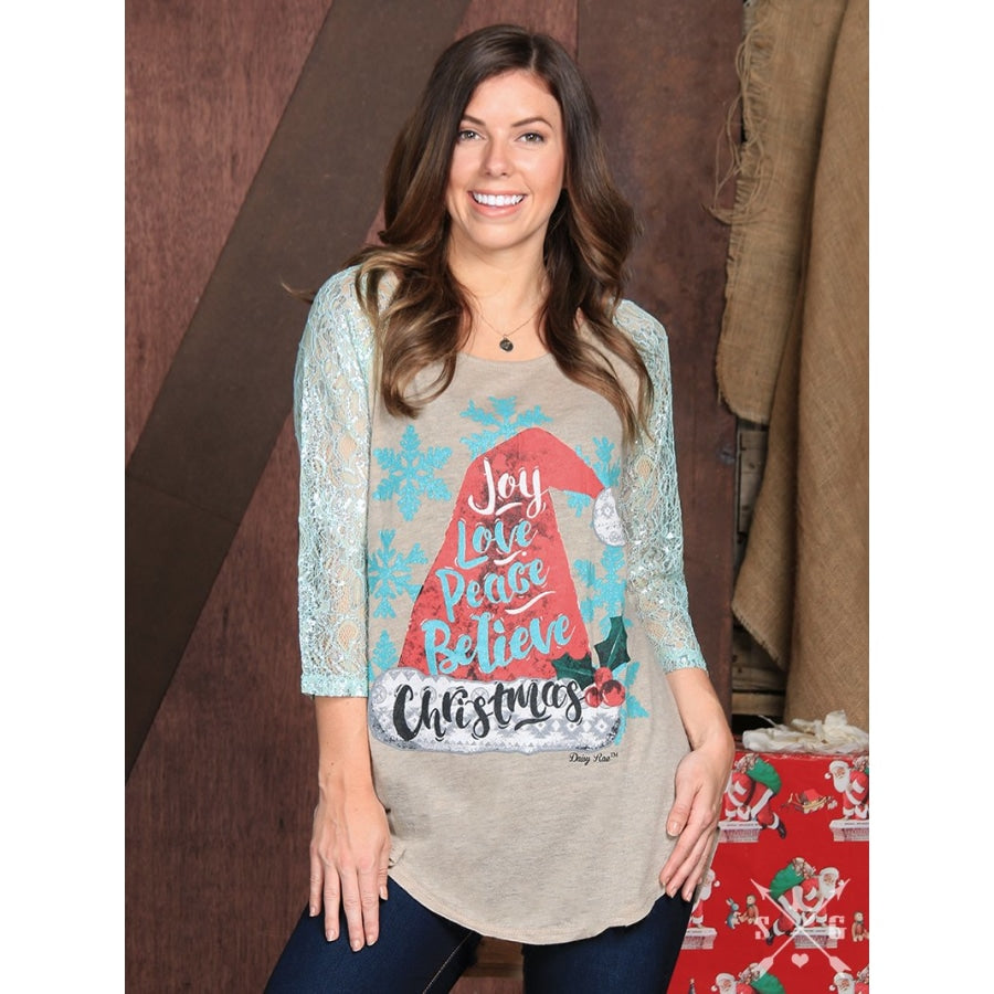 Joy Love Peace Believe Christmas With Mint Lace Sleeves - Womens Tops