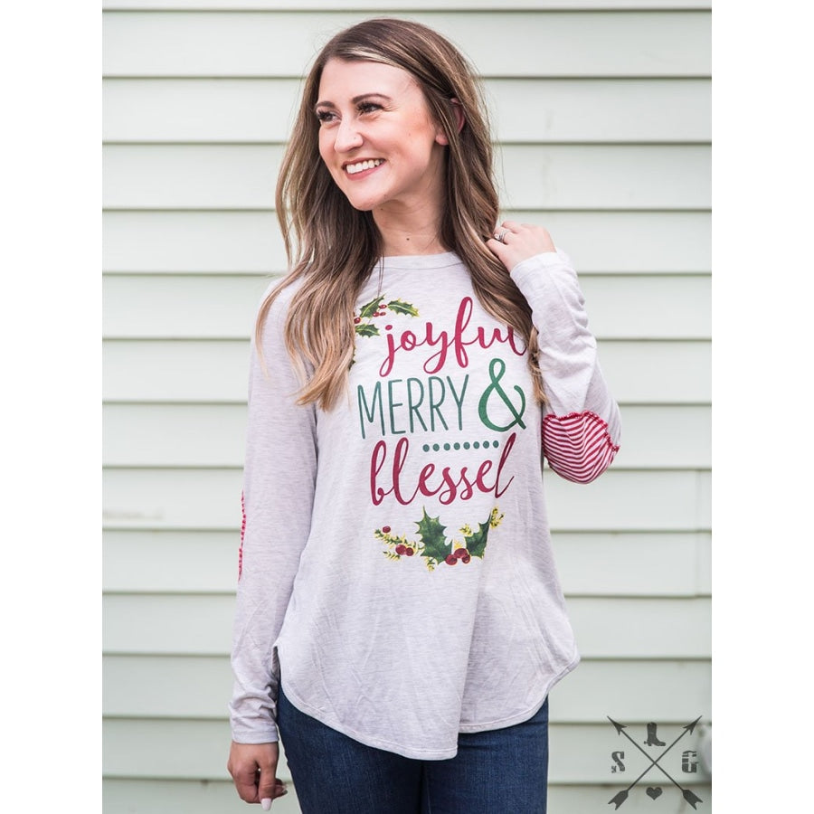 Joyful Merry & Blessed On Grey Long Sleeve Tunic With Candy Cane Accent - Womens Tops