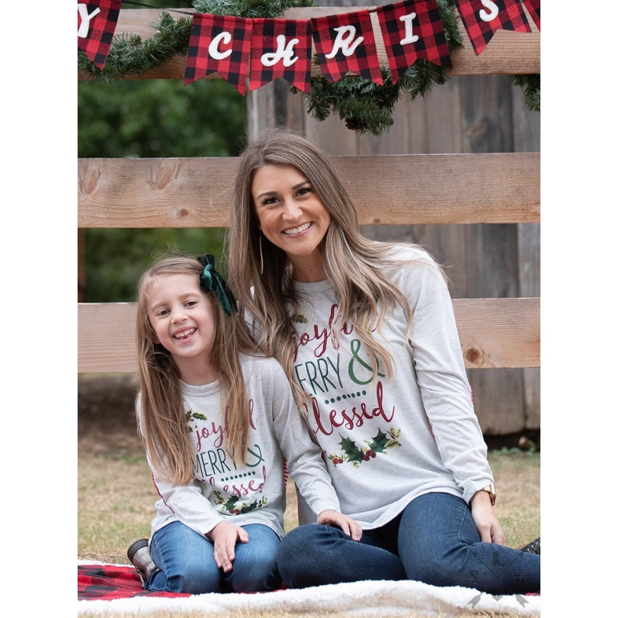 Joyful Merry & Blessed On Grey Long Sleeve Tunic With Candy Cane Accent - Womens Tops