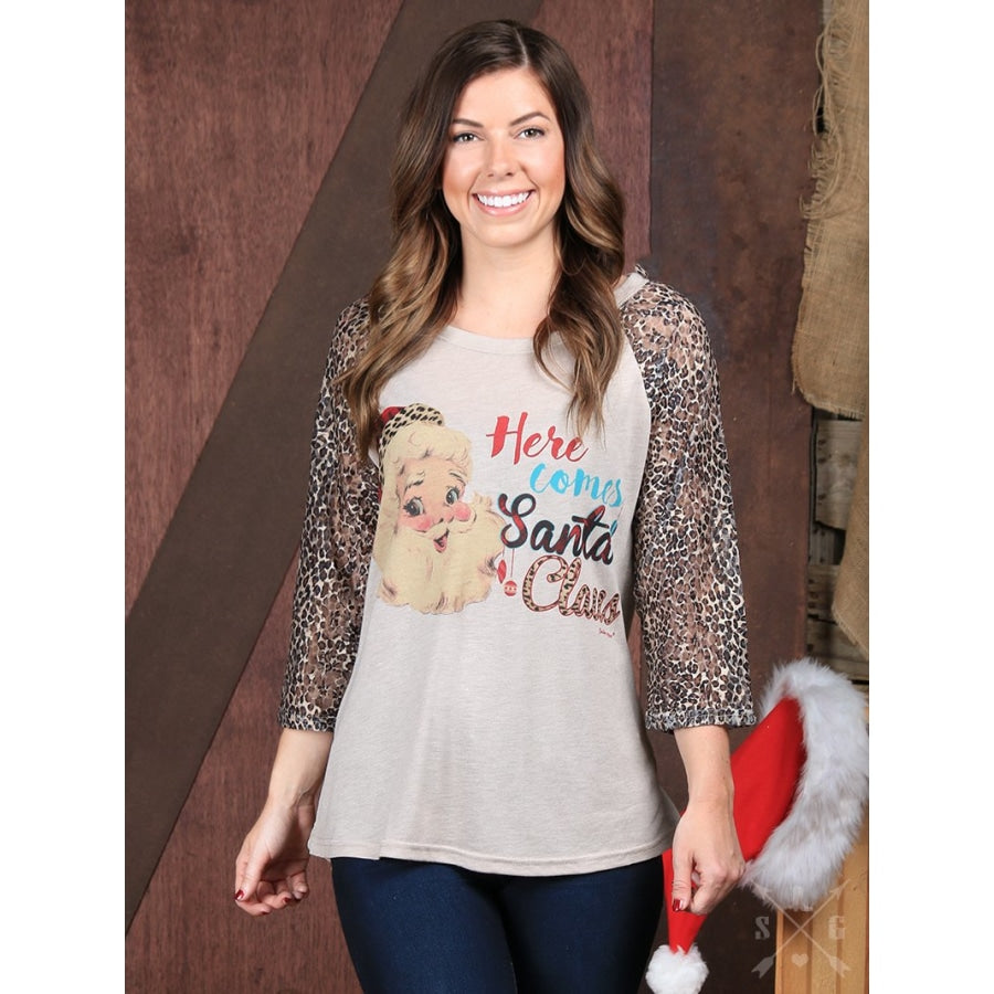 Ladies Here Comes Santa Claus On Tan 3/4 Shirt With Cheetah Lace Sleeves - Womens Tops