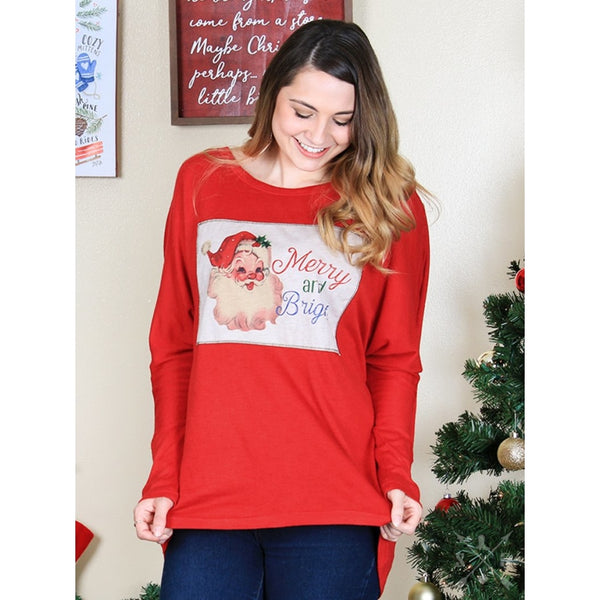 Merry And Bright Vintage Santa Patch On Red Tunic Sweater - S/m - Womens Tops