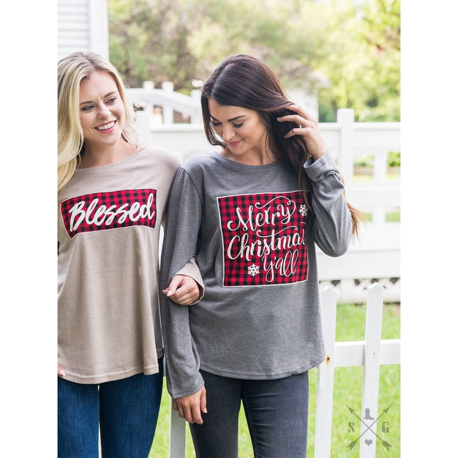 Merry Christmas Yall Buffalo Plaid Patch On Grey Long Sleeve Tee - Womens Tops