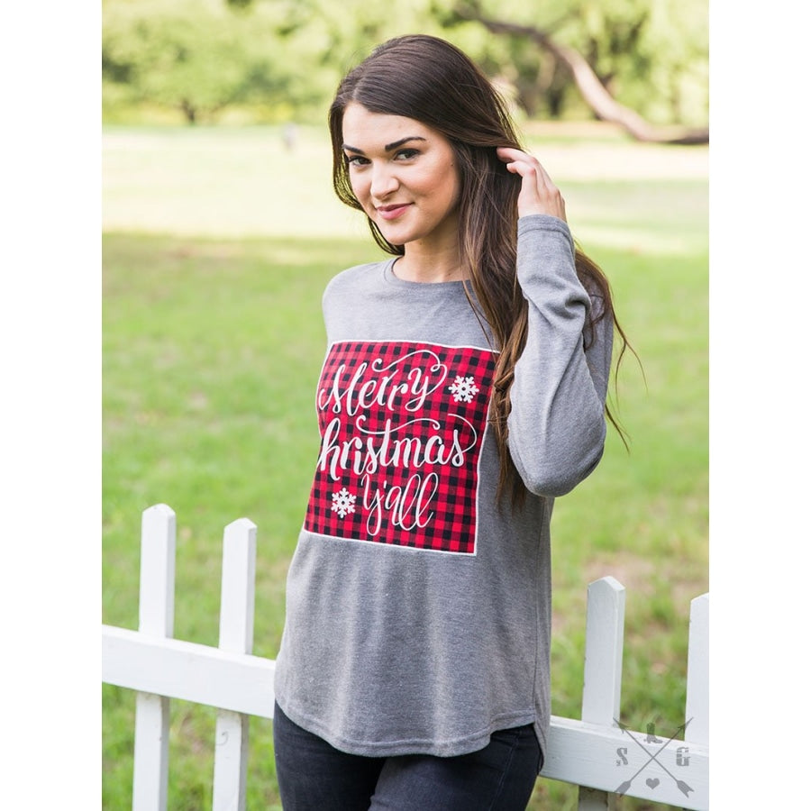 Merry Christmas Yall Buffalo Plaid Patch On Grey Long Sleeve Tee - Womens Tops