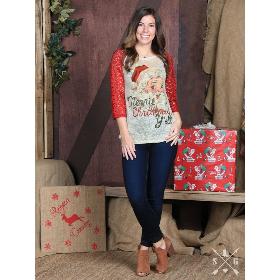 Merry Christmas Yall Jolly Santa Raglan - Womens Tops