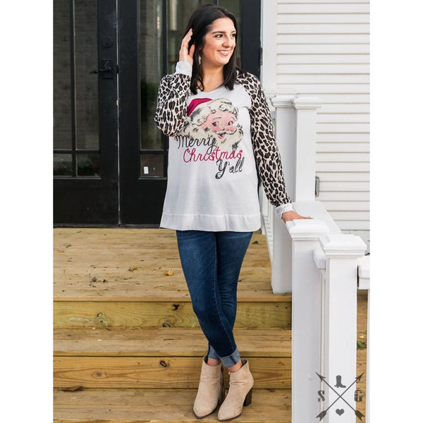 Merry Christmas Yall On Grey Tee With Leopard Sleeves - Womens Tops