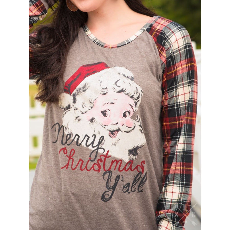 Merry Christmas Yall On Mocha & Festive Plaid Long Sleeve - Womens Tops