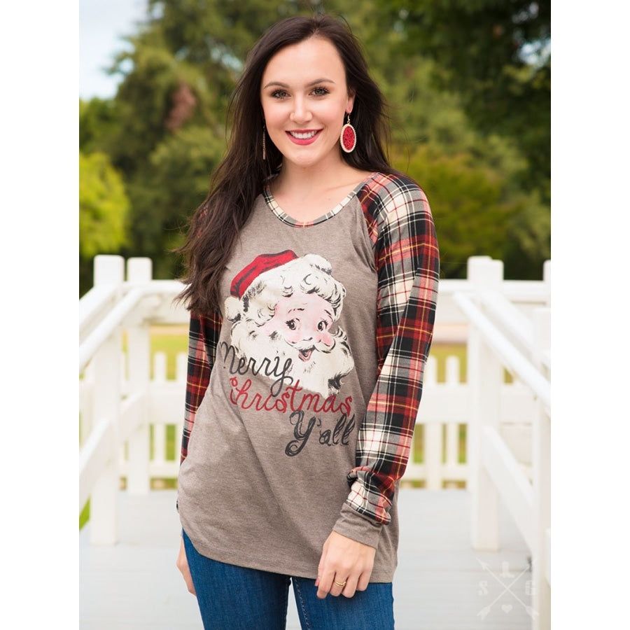 Merry Christmas Yall On Mocha & Festive Plaid Long Sleeve - Womens Tops