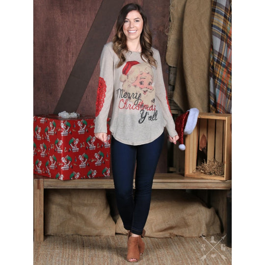 Merry Christmas Yall Vintage Santa On Tan Sweater With Red Lace Elbow Patch - Womens Tops