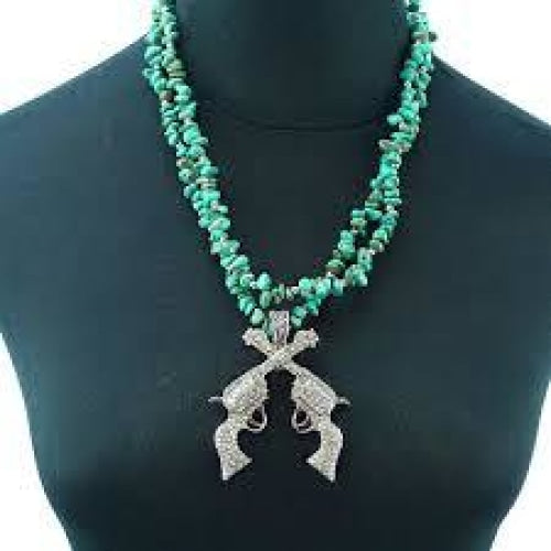 Montana West Two Strand Turquoise Chips Necklace With Cross Gun Pendant - Accessories