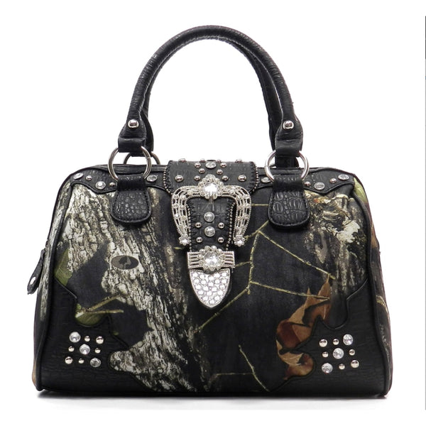 Mossy Oak Camouflage Print Buckle Decorative With Studs Handbag-Black - Bags & Purses