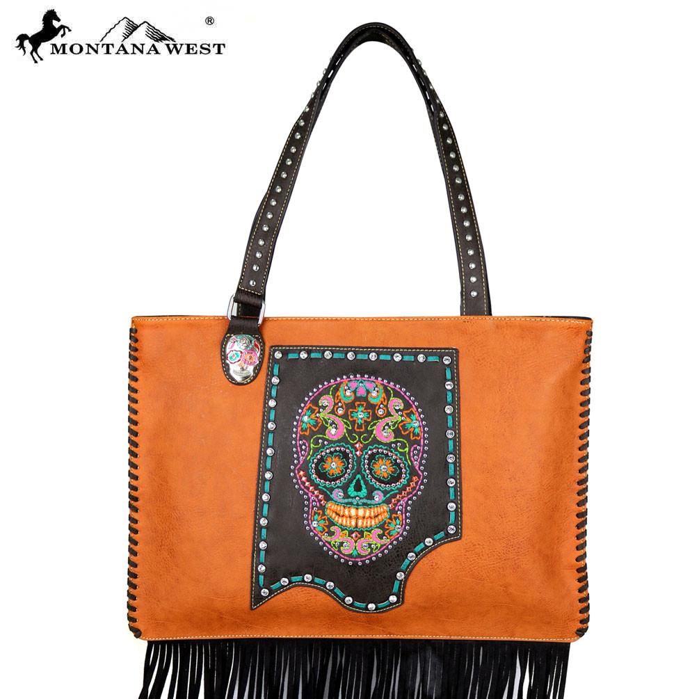 Montana West Sugar Skull Collection Wide Tote in Brown