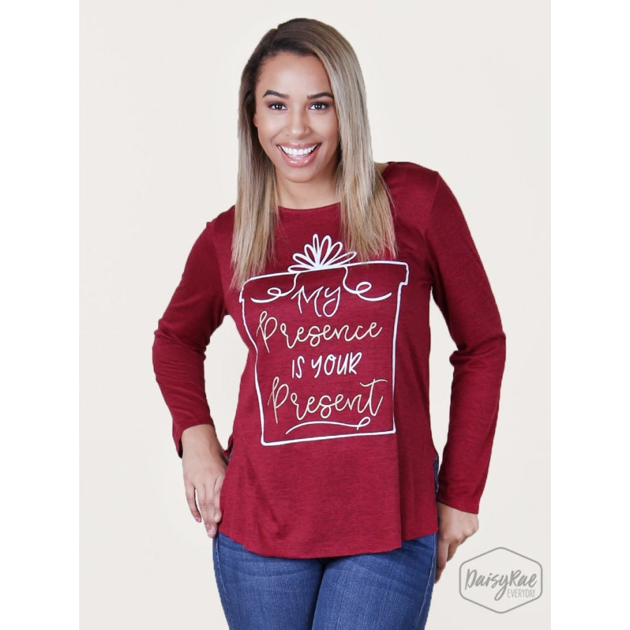 My Presence Is Your Present Maroon Side-Split Long Sleeve - Womens Tops