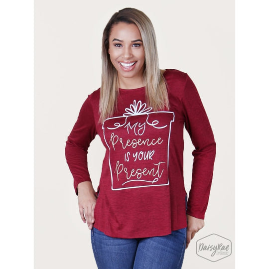 My Presence Is Your Present Maroon Side-Split Long Sleeve - Womens Tops