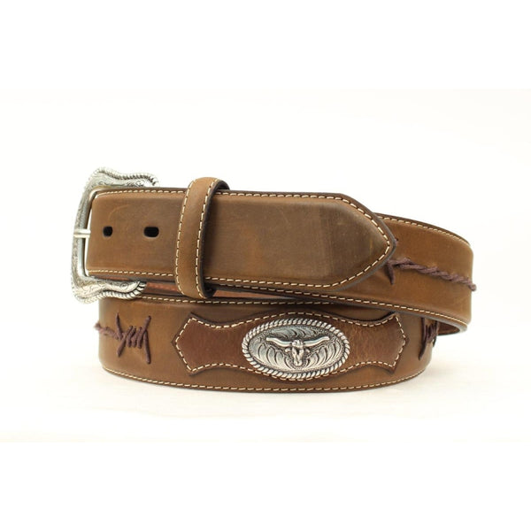Nocona Western Mens Belt Barbwire Laced Conchos Leather Brown - Belts & Buckles