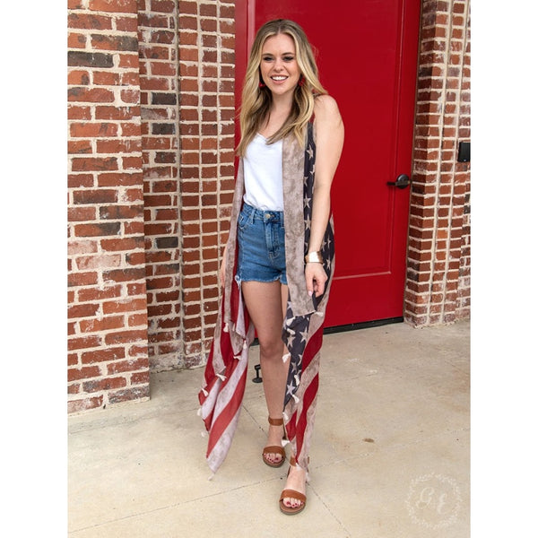 Star Spangled Cover Up With Cream Tassels - Womens Outerwear
