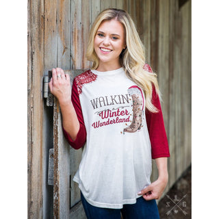 Walkin' In a Winter Wonderland on Maroon-Sleeve Raglan with Lace Accent