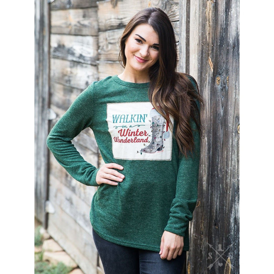 Walkin In A Winter Wonderland Patch On Forest Green Lightweight Sweater - Small - Womens Tops